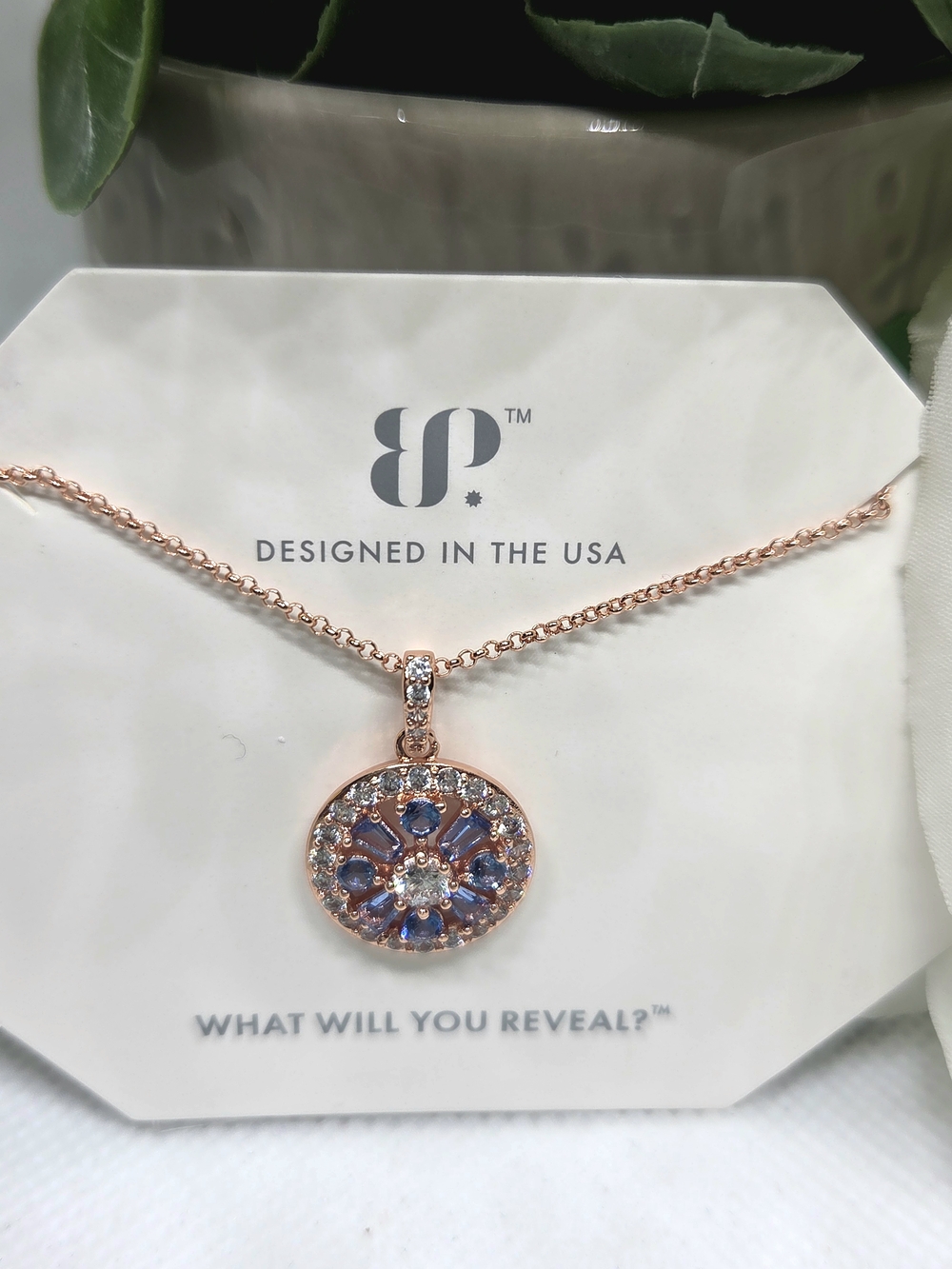 BP Rose Gold-Tone Necklace with Aqua Blue Spinel Clear Crystals